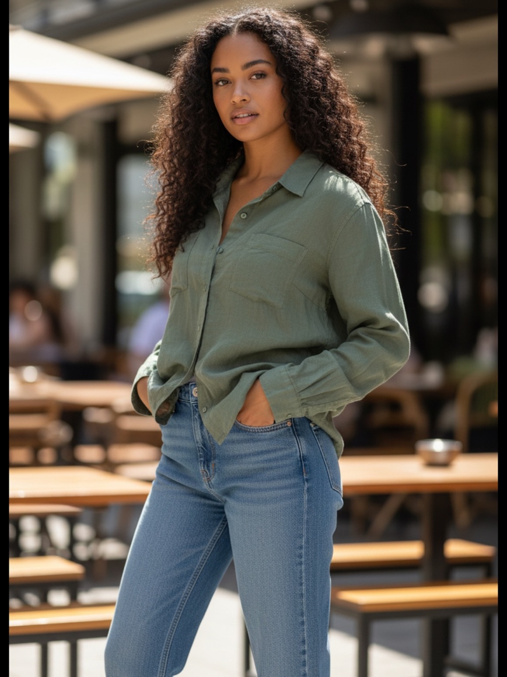 👗GAP Olive Green Linen Button-Up boyfriend shirt